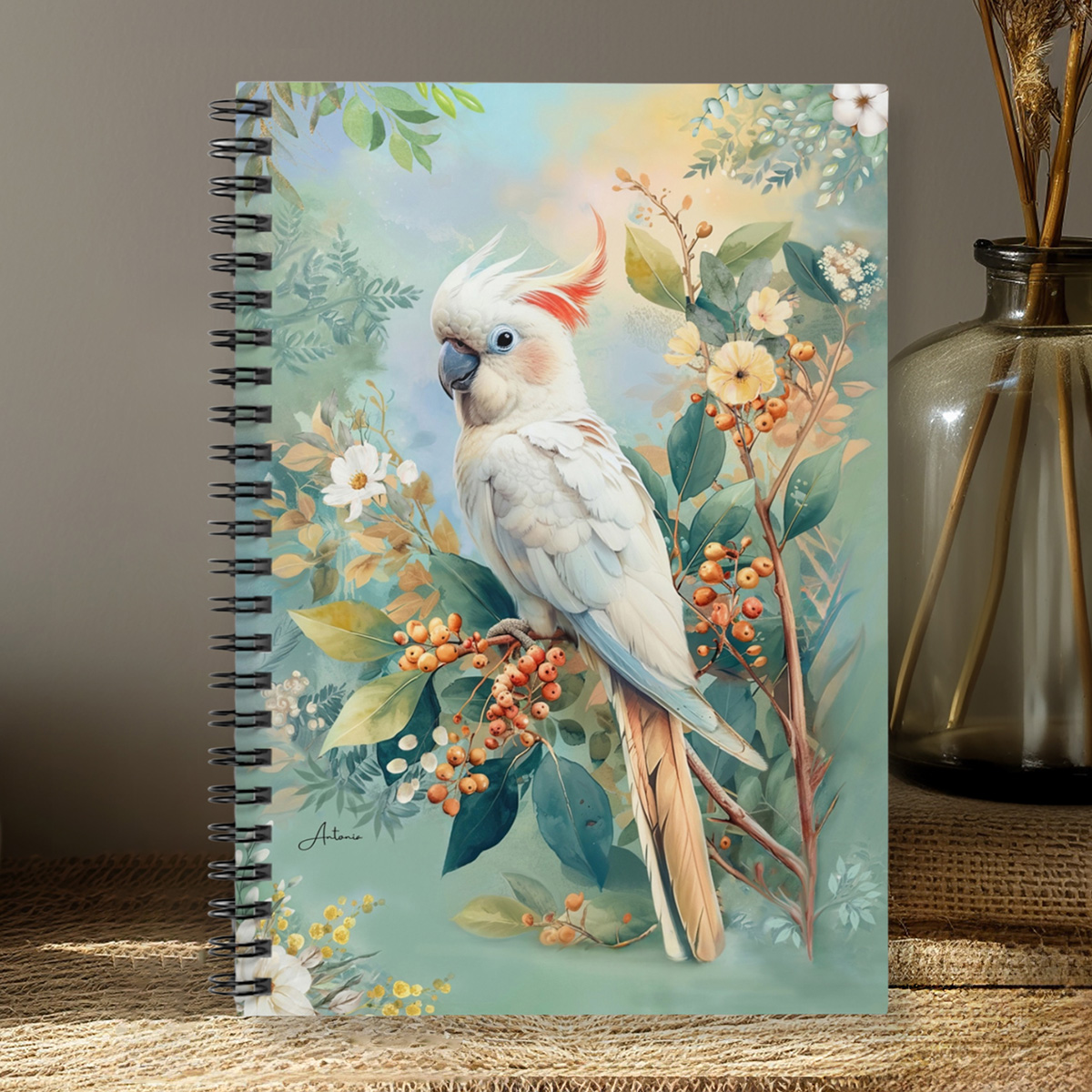 Australian Cockatoo with Wildflowers in Warm Pastels Spiral Notebook