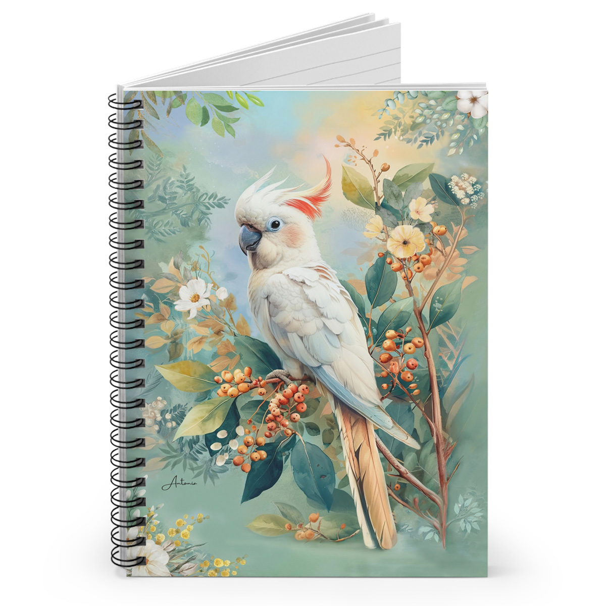 Australian Cockatoo with Wildflowers in Warm Pastels Spiral Notebook - Image 2