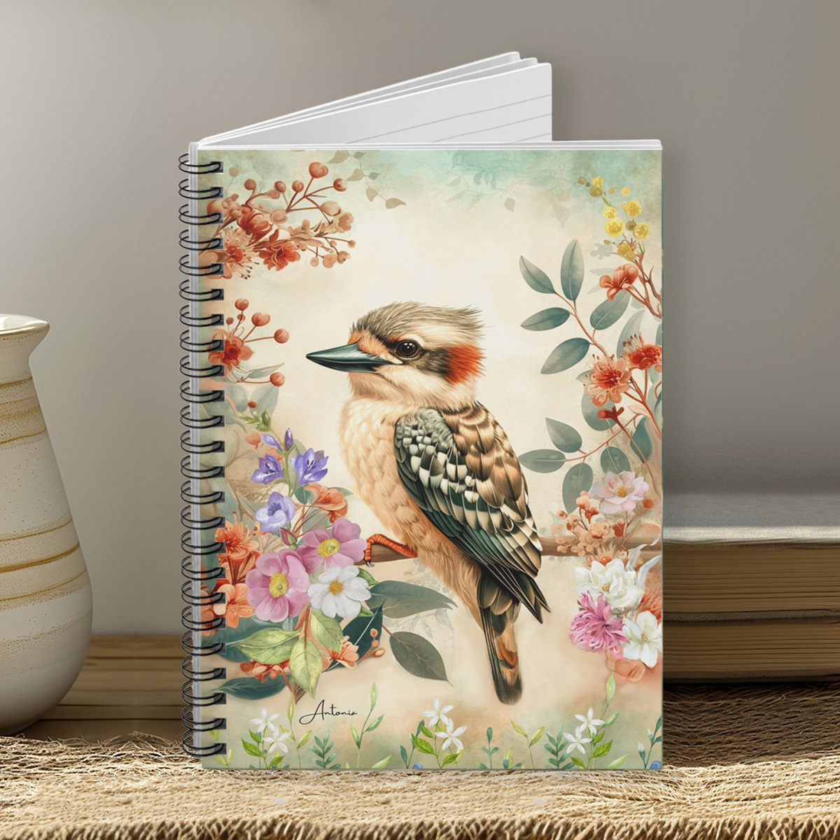Baby Kookaburra with Wildflowers in Warm Pastels Australian Spiral Notebook