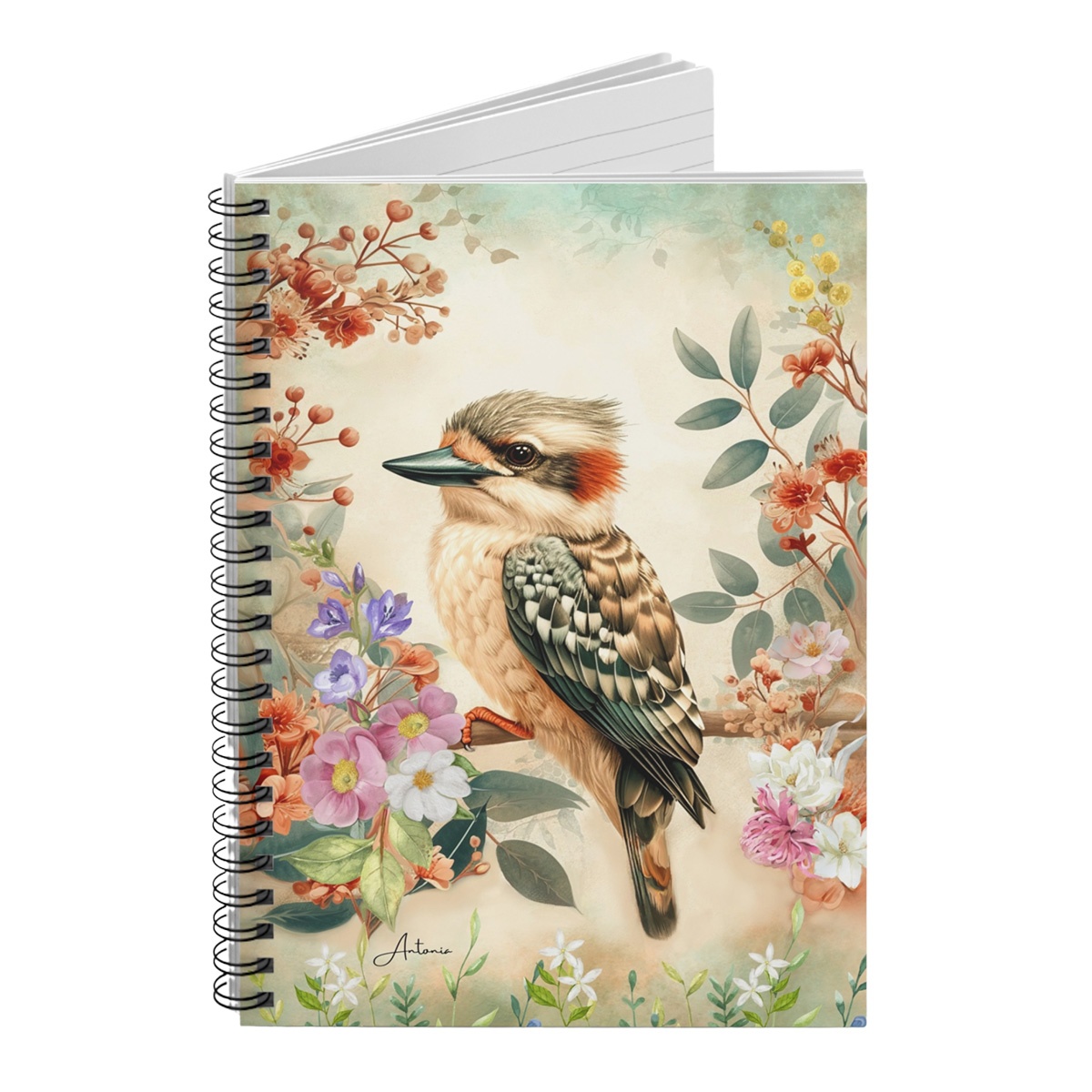 Baby Kookaburra with Wildflowers in Warm Pastels Australian Spiral Notebook - Image 2