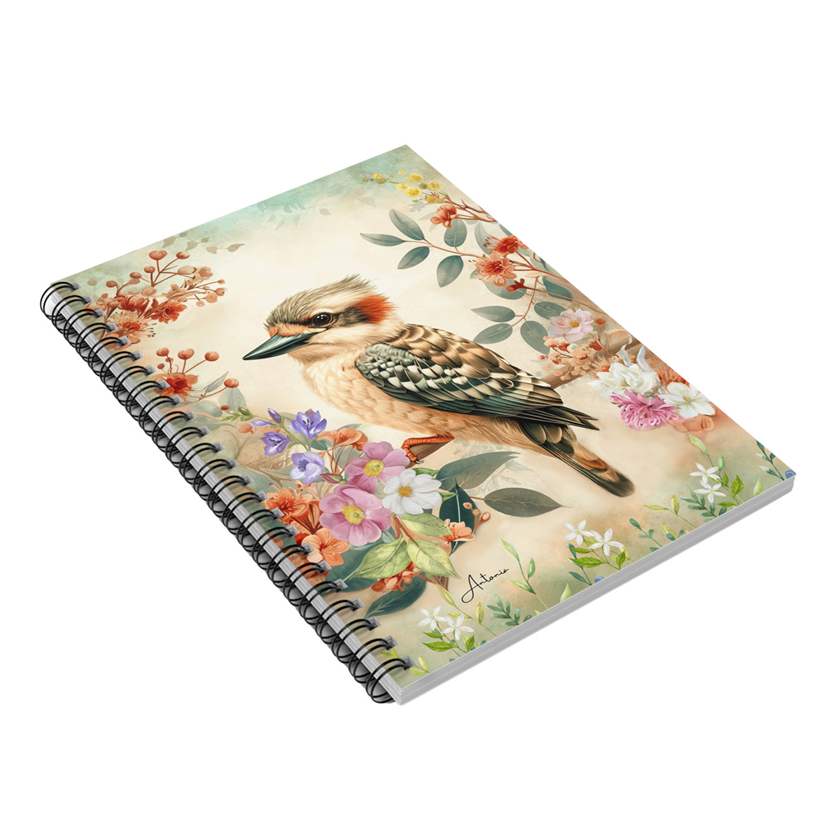 Baby Kookaburra with Wildflowers in Warm Pastels Australian Spiral Notebook - Image 3